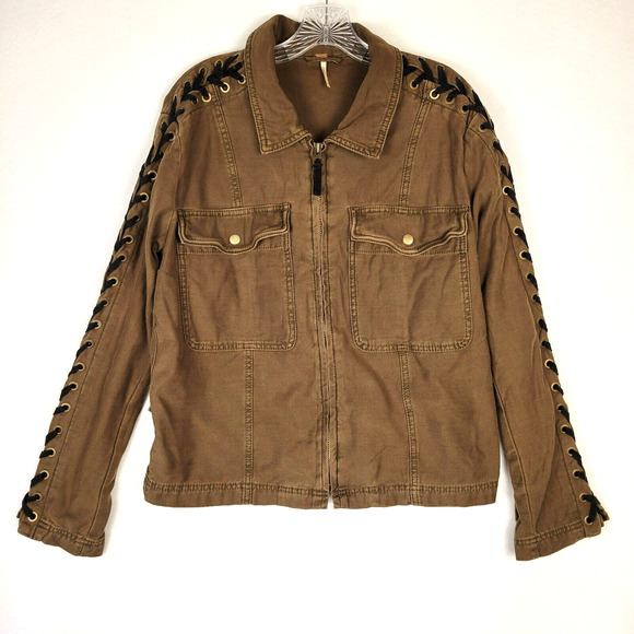 Free People Womens Faye Canvas Military Jacket Size Small Green Zip Up Lace Up - Picture 1 of 10